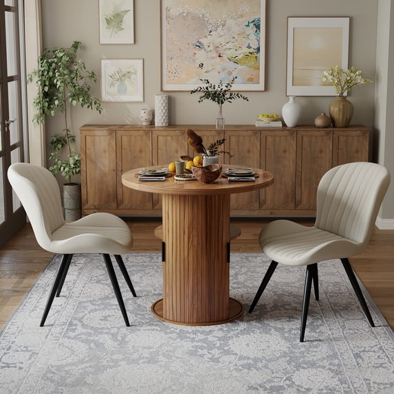 Hawsaiy 3-Piece Dining Table Set for 2, 31.5" Round Dining Table Set with 2 Upholstered Dining Chairs, Modern Farmhouse Table Set for Dining Room (Walnut+Beige)