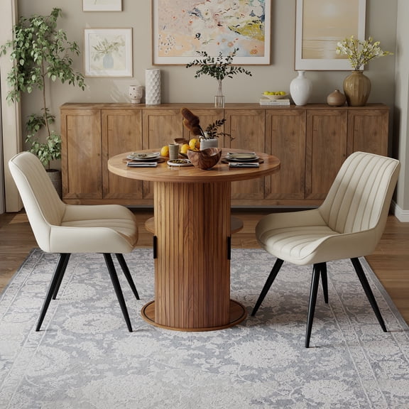 Hawsaiy 3-Piece Dining Table Set for 2, 31.5" Round Dining Table Set with 2 Upholstered Dining Chairs, Modern Farmhouse Table Set for Dining Room (Walnut+Beige)