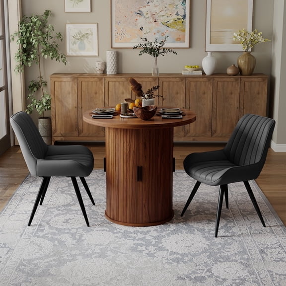 Hawsaiy 3-Piece Dining Table Set for 2, 31.5" Round Dining Table Set with 2 Upholstered Dining Chairs, Modern Farmhouse Table Set for Dining Room (Walnut+Black)