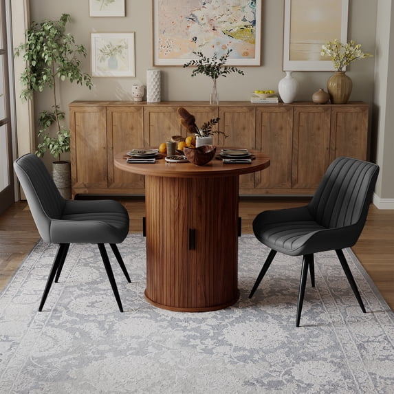 Hawsaiy 3-Piece Dining Table Set for 2, 31.5" Round Dining Table Set with 2 Upholstered Dining Chairs, Modern Farmhouse Table Set for Dining Room (Walnut+Black)