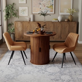 Hawsaiy 3-Piece Dining Table Set for 2, 31.5" Round Dining Table Set with 2 Upholstered Dining Chairs, Modern Farmhouse Table Set for Dining Room (Walnut+Brown)