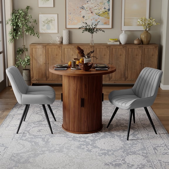 Hawsaiy 3-Piece Dining Table Set for 2, 31.5" Round Dining Table Set with 2 Upholstered Dining Chairs, Modern Farmhouse Table Set for Dining Room (Walnut+Gray)