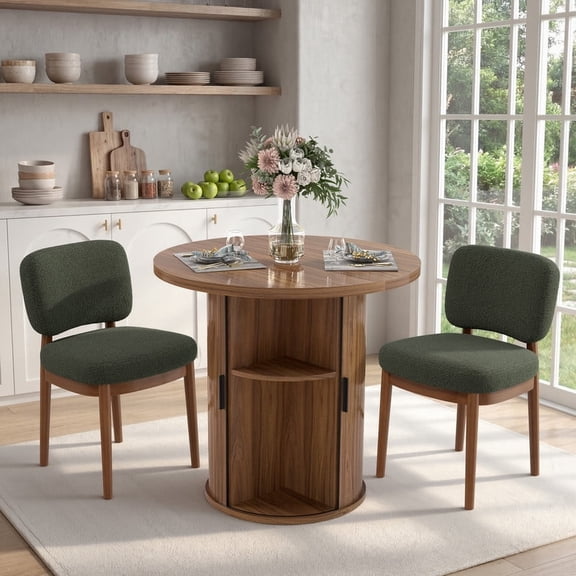 Hawsaiy 3-Piece Dining Table Set for 2, 31.5" Round Kitchen Table with Boucle Upholstered Dining Chairs, Small Space Dining Set with Sliding Storage Base, Modern Farmhouse Dining Set