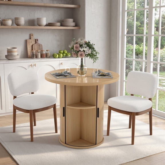 Hawsaiy 3-Piece Dining Table Set for 2, 31.5" Round Kitchen Table with Boucle Upholstered Dining Chairs, Small Space Dining Set with Sliding Storage Base, Modern Farmhouse Dining Set