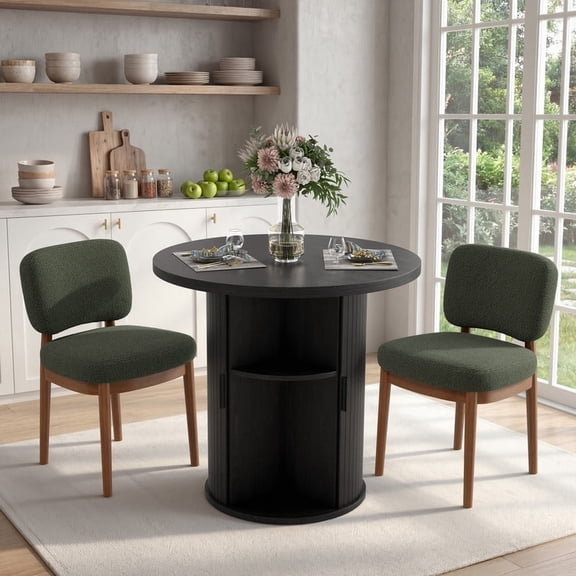 Hawsaiy 3-Piece Dining Table Set for 2, 31.5" Round Kitchen Table with Boucle Upholstered Dining Chairs, Small Space Dining Set with Sliding Storage Base, Modern Farmhouse Dining Set