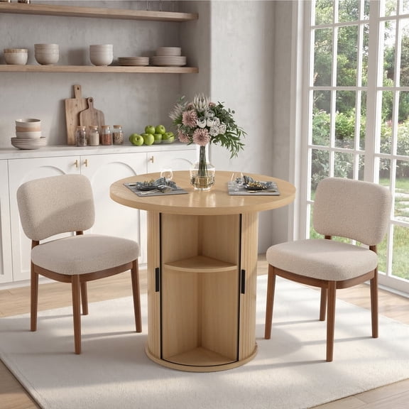 Hawsaiy 3-Piece Dining Table Set for 2, 31.5" Round Kitchen Table with Boucle Upholstered Dining Chairs, Small Space Dining Set with Sliding Storage Base, Modern Farmhouse Dining Set
