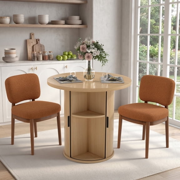 Hawsaiy 3-Piece Dining Table Set for 2, 31.5" Round Kitchen Table with Boucle Upholstered Dining Chairs, Small Space Dining Set with Sliding Storage Base, Modern Farmhouse Dining Set