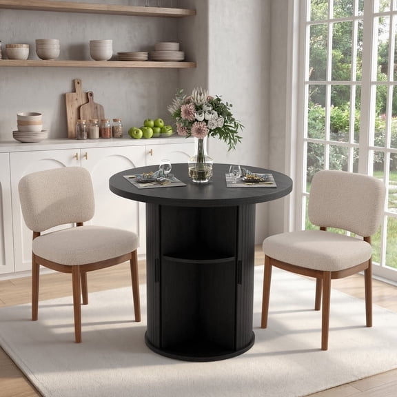 Hawsaiy 3-Piece Dining Table Set for 2, 31.5" Round Kitchen Table with Boucle Upholstered Dining Chairs, Small Space Dining Set with Sliding Storage Base, Modern Farmhouse Dining Set
