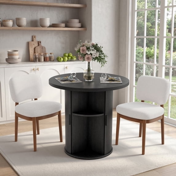 Hawsaiy 3-Piece Dining Table Set for 2, 31.5" Round Kitchen Table with Boucle Upholstered Dining Chairs, Small Space Dining Set with Sliding Storage Base, Modern Farmhouse Dining Set