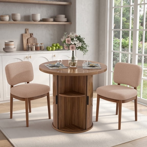 Hawsaiy 3-Piece Dining Table Set for 2, 31.5" Round Kitchen Table with Boucle Upholstered Dining Chairs, Small Space Dining Set with Sliding Storage Base, Modern Farmhouse Dining Set