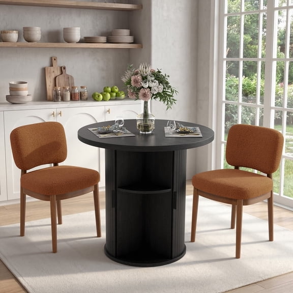 Hawsaiy 3-Piece Dining Table Set for 2, 31.5" Round Kitchen Table with Boucle Upholstered Dining Chairs, Small Space Dining Set with Sliding Storage Base, Modern Farmhouse Dining Set