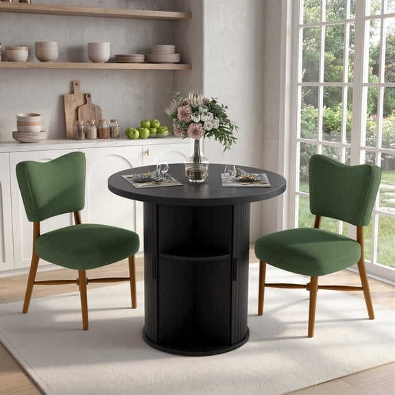 Hawsaiy 3-Piece Dining Table Set for 2, 31.5" Round Kitchen Table with Upholstered Dining Chairs, Small Space Dining Room Set with Sliding Door Storage Base, Modern Farmhouse Dining Set
