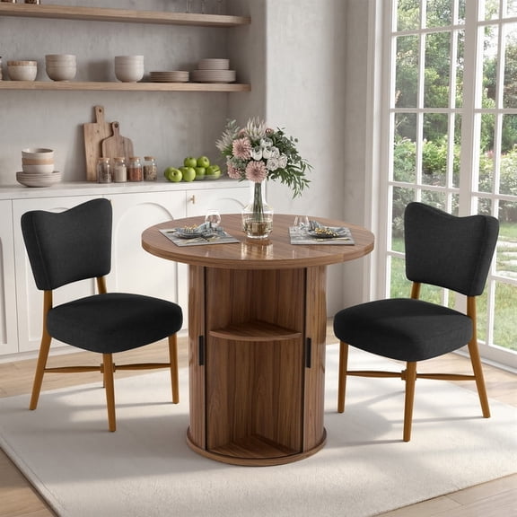 Hawsaiy 3-Piece Dining Table Set for 2, 31.5" Round Kitchen Table with Upholstered Dining Chairs, Small Space Dining Room Set with Sliding Door Storage Base, Modern Farmhouse Dining Set