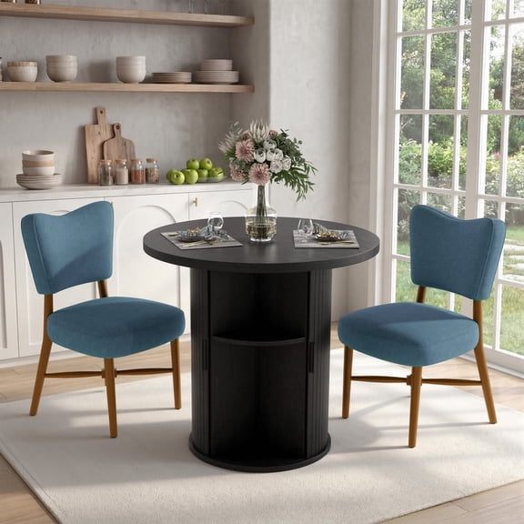 Hawsaiy 3-Piece Dining Table Set for 2, 31.5" Round Kitchen Table with Upholstered Dining Chairs, Small Space Dining Room Set with Sliding Door Storage Base, Modern Farmhouse Dining Set