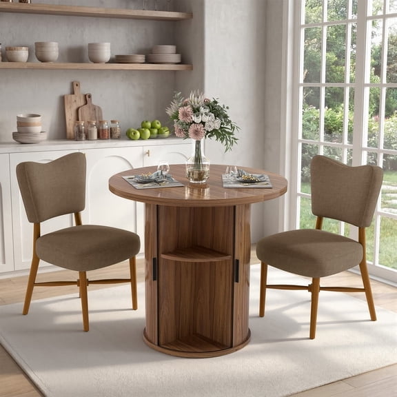 Hawsaiy 3-Piece Dining Table Set for 2, 31.5" Round Kitchen Table with Upholstered Dining Chairs, Small Space Dining Room Set with Sliding Door Storage Base, Modern Farmhouse Dining Set
