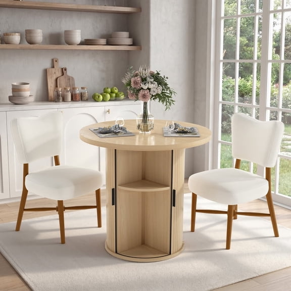 Hawsaiy 3-Piece Dining Table Set for 2, 31.5" Round Kitchen Table with Upholstered Dining Chairs, Small Space Dining Room Set with Sliding Door Storage Base, Modern Farmhouse Dining Set