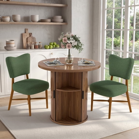 Hawsaiy 3-Piece Dining Table Set for 2, 31.5" Round Kitchen Table with Upholstered Dining Chairs, Small Space Dining Room Set with Sliding Door Storage Base, Modern Farmhouse Dining Set