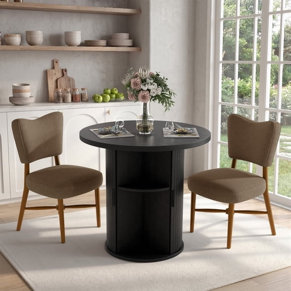 Hawsaiy 3-Piece Dining Table Set for 2, 31.5" Round Kitchen Table with Upholstered Dining Chairs, Small Space Dining Room Set with Sliding Door Storage Base, Modern Farmhouse Dining Set