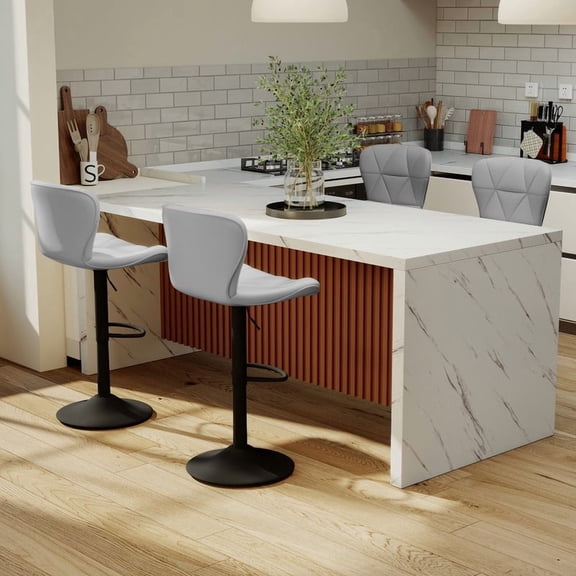 Hawsaiy 3-Piece Dining Table Set for 2, 67" LED Marble Dining Table Set with 2 Adjustable Swivel Bar Stools, Dining Set for Kitchen Island (White+Light Gray)