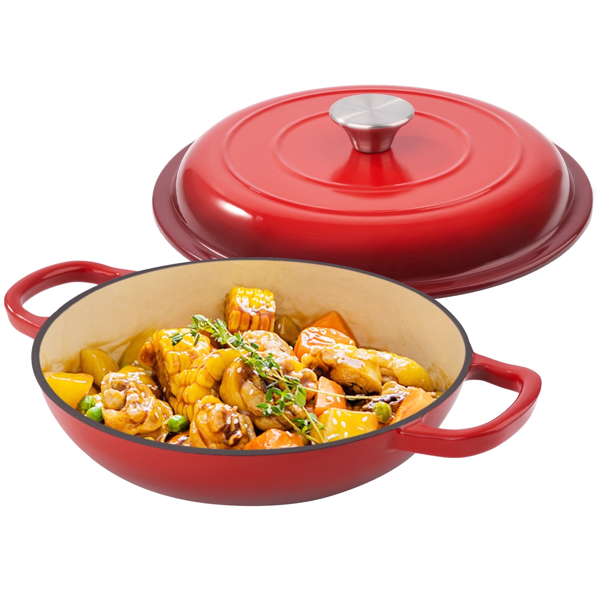 Hawsaiy 3 Quart Enameled Shallow Cast Iron Dutch Oven with Lid, Dual Handles Dutch Pots for Cooking, Stewing, Heavy-Duty & Nonstick, Oven Safe up to 500¬? F, Works on All Stovetops,Red
