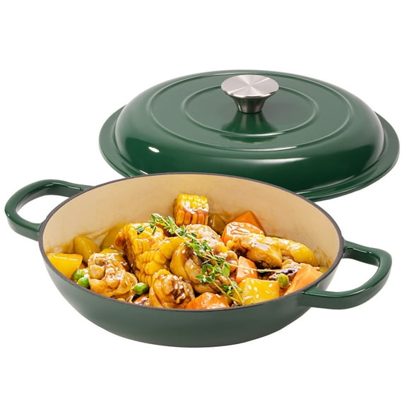 Hawsaiy 3 Quart Enameled Shallow Cast Iron Dutch Oven with Lid, Dual Handles Dutch Pots for Cooking, Stewing, Heavy-Duty & Nonstick, Oven Safe up to 500° F, Works on All Stovetops,Green