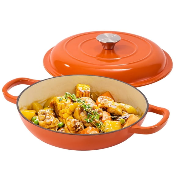 Hawsaiy 3 Quart Enameled Shallow Cast Iron Dutch Oven with Lid, Dual Handles Dutch Pots for Cooking, Stewing, Heavy-Duty & Nonstick, Oven Safe up to 500° F, Works on All Stovetops,Orange