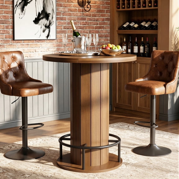 Hawsaiy 31.5" Round Bar Table, 39.6" Pub Height Bistro Table, High Top Cocktail Table with Metal Footrest, Modern Kitchen Breakfast Bar Table for Dining Room, Apartment, Home Bar, Walnut