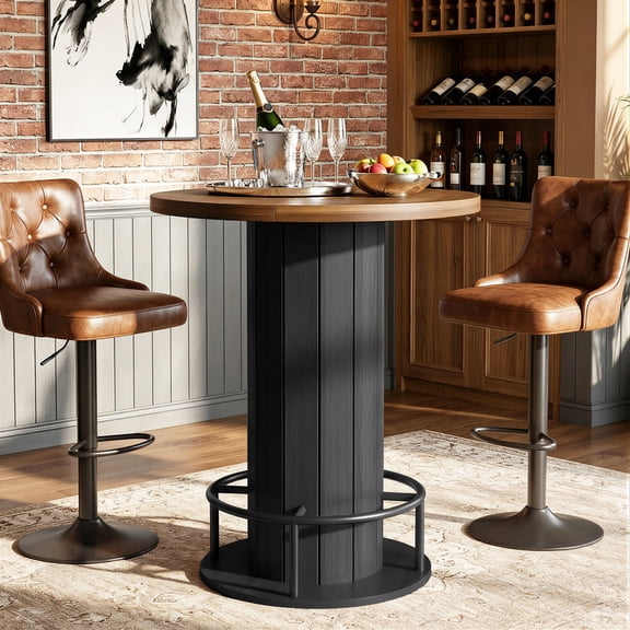 Hawsaiy 31.5" Round Bar Table, 39.6" Pub Height Bistro Table, High Top Cocktail Table with Metal Footrest, Modern Kitchen Breakfast Bar Table for Dining Room, Apartment, Home Bar, Black