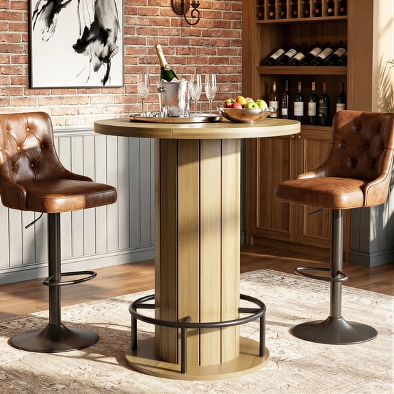 Hawsaiy 31.5" Round Bar Table, 39.6" Pub Height Bistro Table, High Top Cocktail Table with Metal Footrest, Modern Kitchen Breakfast Bar Table for Dining Room, Apartment, Home Bar, Natural