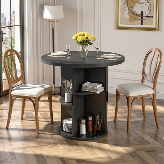 Hawsaiy 31.5" Round Dining Table for 2 with Sliding Door Storage Base, Space-Saving Waterproof Scratch-Resistant Wood Top, Modern Farmhouse Kitchen Table, Black