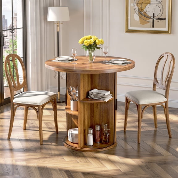 Hawsaiy 31.5" Round Dining Table for 2 with Sliding Door Storage Base, Space-Saving Waterproof Scratch-Resistant Wood Top, Modern Farmhouse Kitchen Table, Walnut