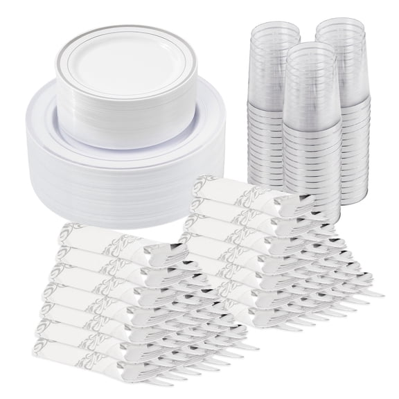 Hawsaiy 350PCS Silver Disposable Plates and Cups Set for 50 Guests, Plastic Dinnerware with Napkins for Wedding and Party