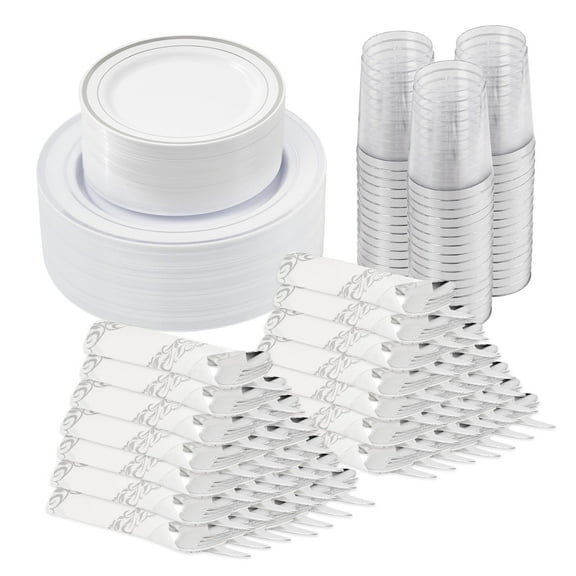 Hawsaiy 350PCS Silver Disposable Plates and Cups Set for 50 Guests, Plastic Dinnerware with Napkins for Wedding and Party