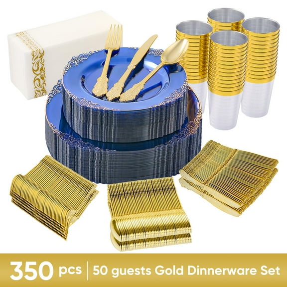 Hawsaiy 350PCS Blue Disposable Dinnerware Set for 50 Guests, Lace Design Plastic Plate Sets, Gold Silverware, Cups & Napkins – Party Supplies for Weddings, Birthdays, Holidays