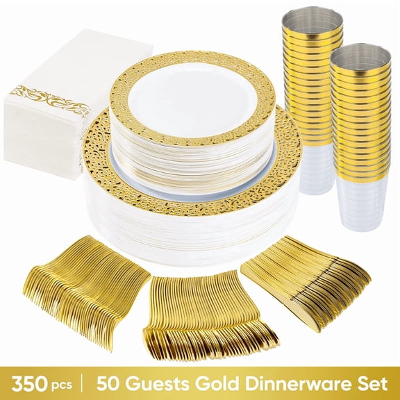 Hawsaiy 350PCS Gold Embossed Disposable Dinnerware Set, Plastic Plates & Cups with Napkins & Cutlery, BPA Free, Reusable Party Tableware for Wedding, Birthday, Holiday