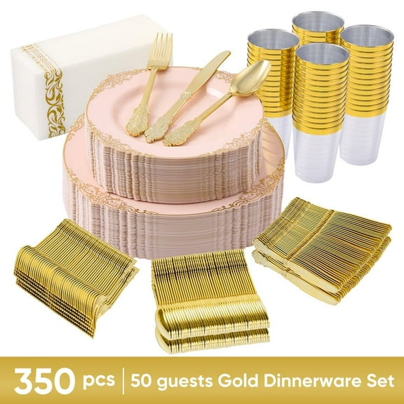 Hawsaiy 350PCS Pink Disposable Dinnerware Set for 50 Guests, Lace Design Plastic Plate Sets, Gold Silverware, Cups & Napkins – Party Supplies for Weddings, Birthdays, Holidays