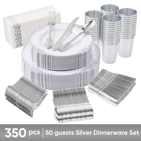 Hawsaiy 350PCS Silver Disposable Dinnerware Set for 50 Guests, Lace Design Plastic Plate Sets, Gold Silverware, Cups & Napkins – Party Supplies for Weddings, Birthdays, Holidays