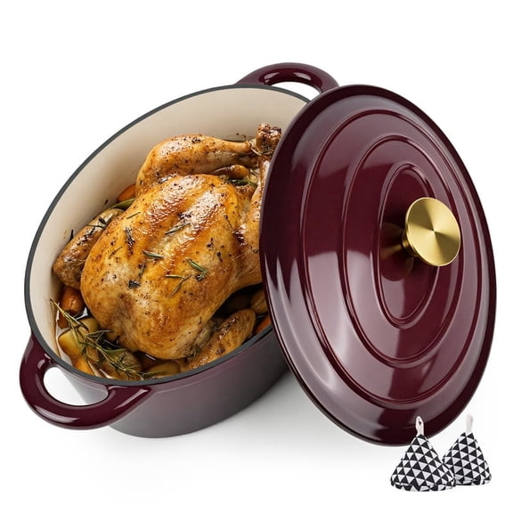 Hawsaiy 4.5 QT Nonstick Cast Iron Oval Dutch Oven with Side Handles & Oven Gloves, Enameled Cookware for Baking, Braising, Roasting, and Cooking, Fig