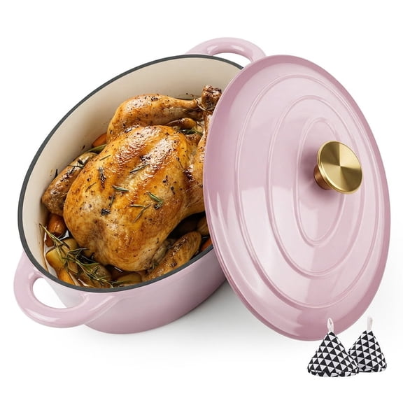 Hawsaiy 4.5 QT Nonstick Cast Iron Oval Dutch Oven with Side Handles & Oven Gloves, Enameled Cookware for Baking, Braising, Roasting, and Cooking, Pink