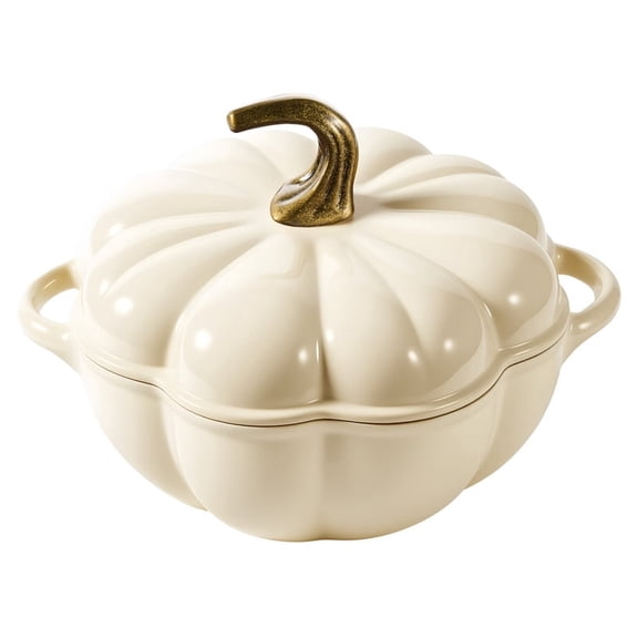 Hawsaiy 4.5 QT Pumpkin Shaped Cast Iron Dutch Oven, 360° Uniform Heating, Enameled Cast Iron Pot with Lid, Suitable for Most Stoves, Festive Cookware, Cream