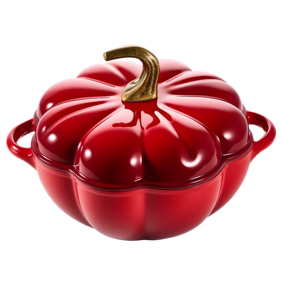 Hawsaiy 4.5 QT Pumpkin Shaped Cast Iron Dutch Oven, 360° Uniform Heating, Enameled Cast Iron Pot with Lid, Suitable for Most Stoves, Festive Cookware, Red