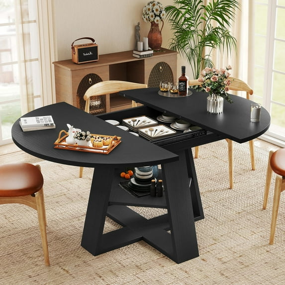 Hawsaiy 43.3-59 in Extendable Oval Dining Table for 4-6, Space-Saving Round Kitchen Table with Hidden Leaf Storage & Bottom Shelf for Small Space, Black