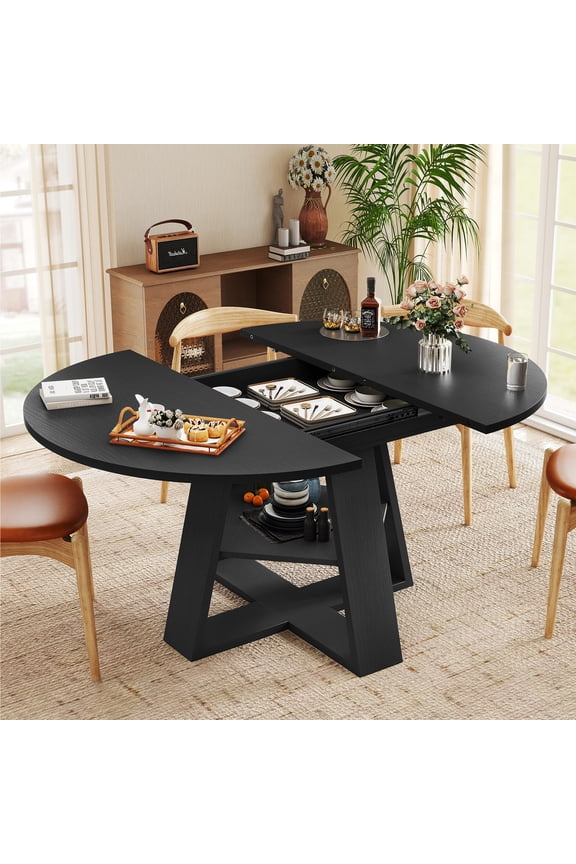 43.3-59 in Extendable Oval Dining Table for 4-6, Space-Saving Round Kitchen Table with Hidden Leaf Storage & Bottom Shelf for Small Space, Black