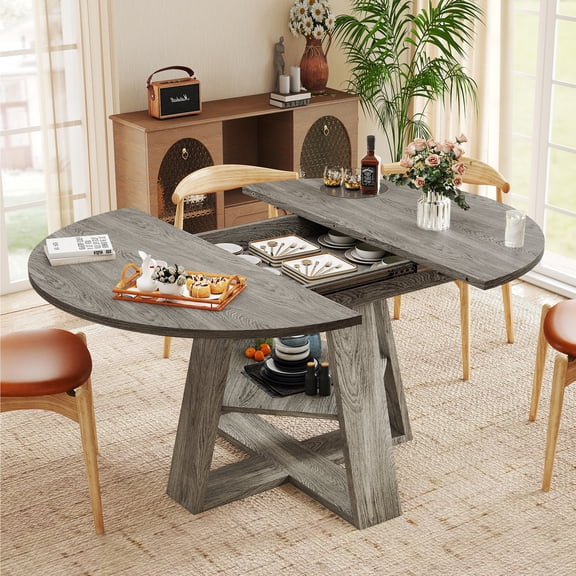 Hawsaiy 43.3-59 in Extendable Oval Dining Table for 4-6, Space-Saving Round Kitchen Table with Hidden Leaf Storage & Bottom Shelf for Small Space, Gray