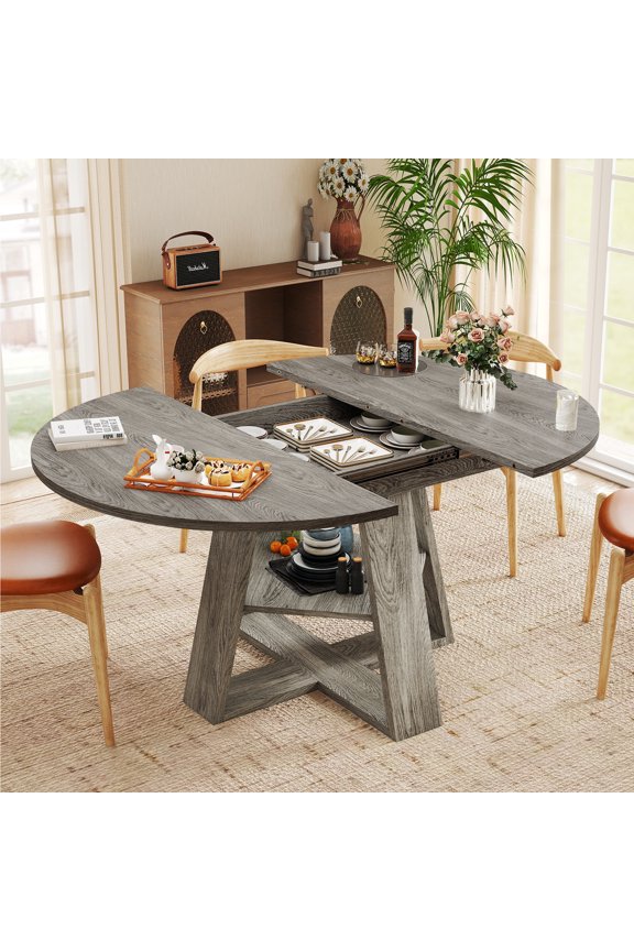 43.3-59 in Extendable Oval Dining Table for 4-6, Space-Saving Round Kitchen Table with Hidden Leaf Storage & Bottom Shelf for Small Space, Gray