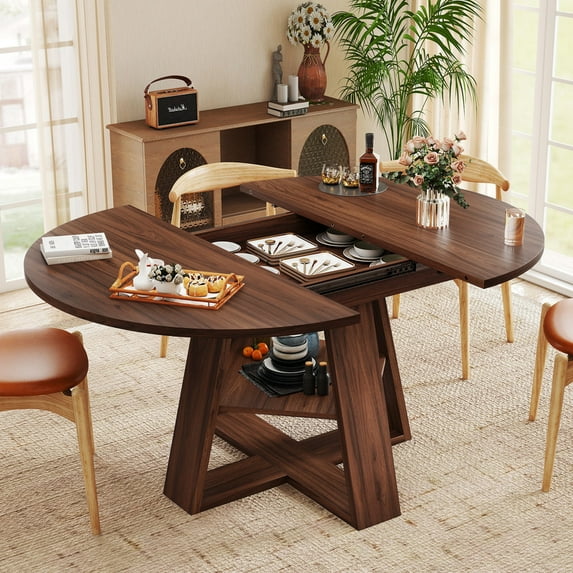 Hawsaiy 43.3-59 in Extendable Oval Dining Table for 4-6, Space-Saving Round Kitchen Table with Hidden Leaf Storage & Bottom Shelf for Small Space, Walnut