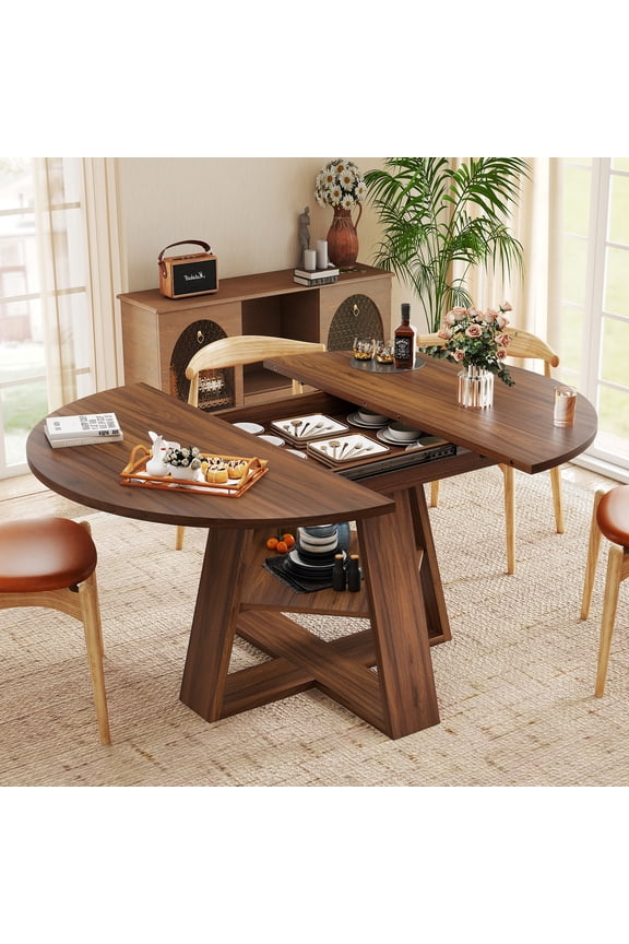 43.3-59 in Extendable Oval Dining Table for 4-6, Space-Saving Round Kitchen Table with Hidden Leaf Storage & Bottom Shelf for Small Space, Walnut
