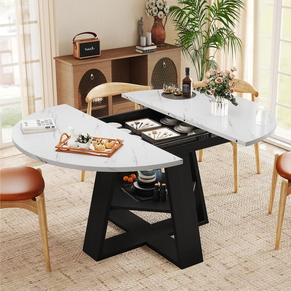 Hawsaiy 43.3-59 in Extendable Oval Dining Table for 4-6, Space-Saving Round Kitchen Table with Hidden Leaf Storage & Bottom Shelf for Small Space, White