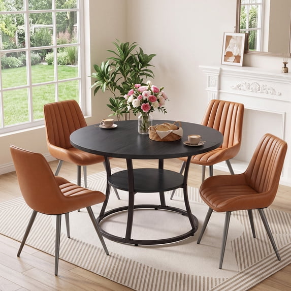 Hawsaiy 47.2" Round Dining Table Set for 4, Kitchen Table with 4 Upholstered Chairs, Modern Dining Room Table Set with Storage Shelf, Small Space Dining Set for Apartment