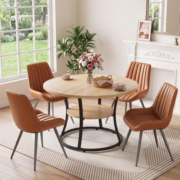 Hawsaiy 47.2" Round Dining Table Set for 4, Kitchen Table with 4 Upholstered Chairs, Modern Dining Room Table Set with Storage Shelf, Small Space Dining Set for Apartment